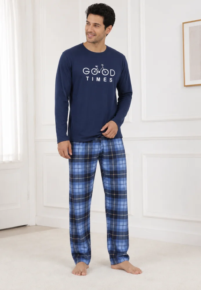 Pijama Bărbați cu Mânecă Lungă, Bluză cu Imprimeu Cărți de Joc și Pantalon în Carouri
