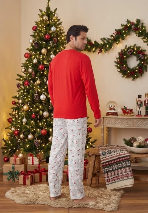 Pijama Bărbat Crăciun, Mânecă Lungă, Pantaloni Lungi, Roșu, Happy New Year — imagine 2