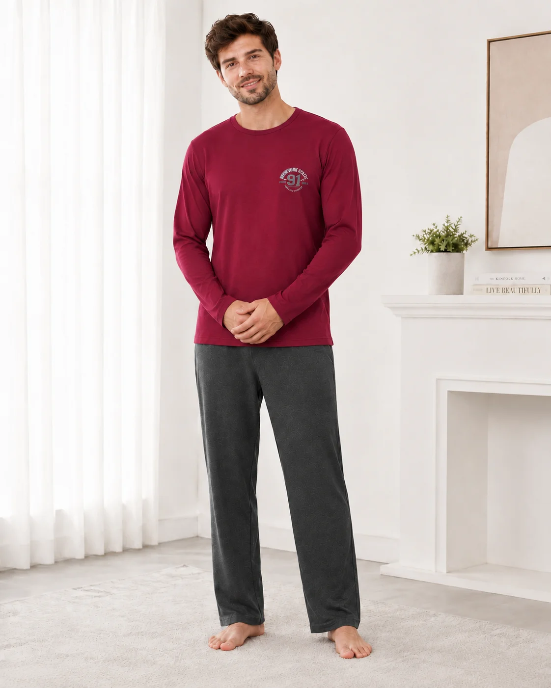 Pijama Bărbați cu Mânecă Lungă, Bluză Vișinie cu Imprimeu și Pantalon Lung Gri, Imbracaminte de Casa — imagine 3