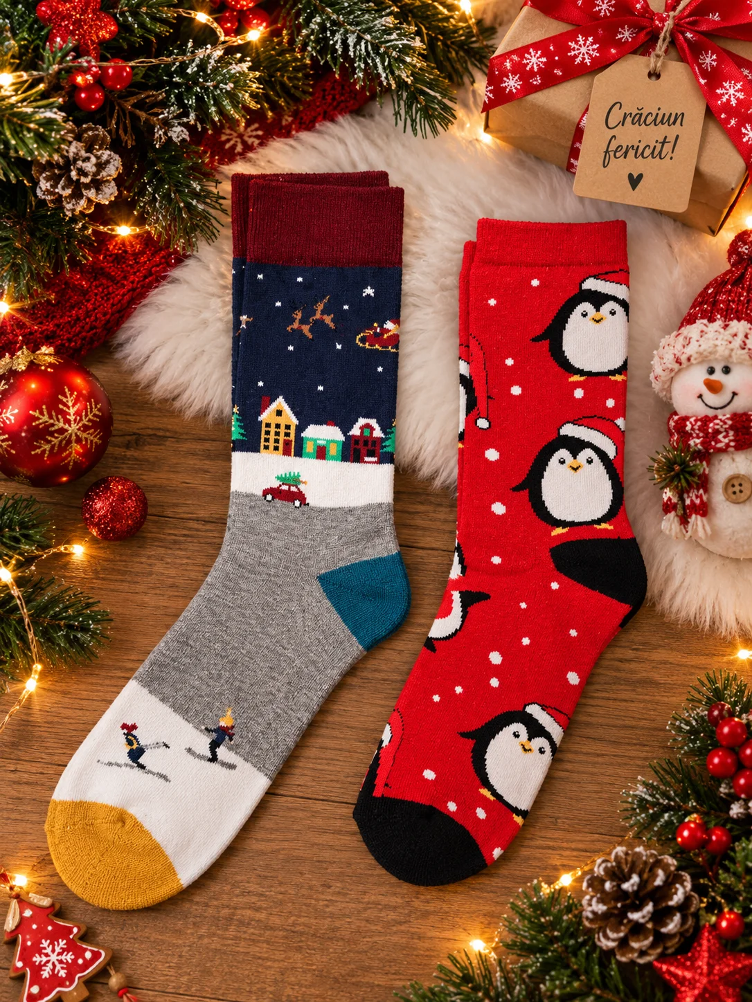 Șosete de Crăciun pentru adulți, modele festive cu pinguini și motive de iarnă