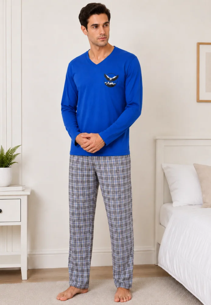 Pijama bărbați, Bluză cu mânecă lungă și decolteu în V cu imprimeu piept, Pantalon lung în carouri,Albastru