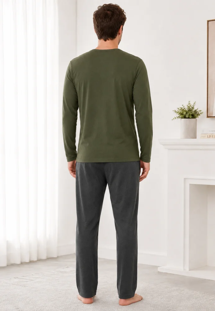 Pijama Bărbați cu Mânecă Lungă, Bluză Verde Militar cu Imprimeu și Pantalon Lung — imagine 2