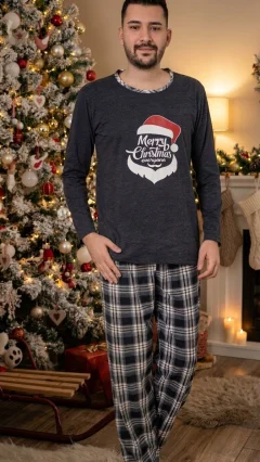 Pijama de Crăciun pentru Bărbați, Merry Christmas Everyone, Bluză bluemarin și Pantaloni Carouri