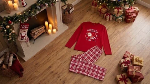 Pijama Barbati Craciun,  Bluza Rosie si Pantaloni Carouri, Rosu/Alb — imagine 3