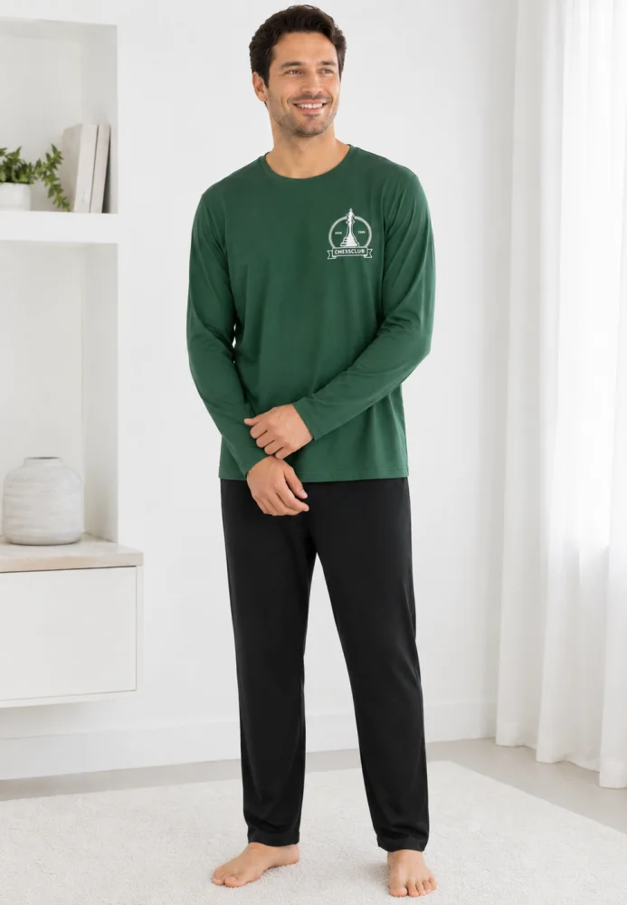 Pijama barbati cu maneca lunga si pantalon lung-Verde — imagine 3