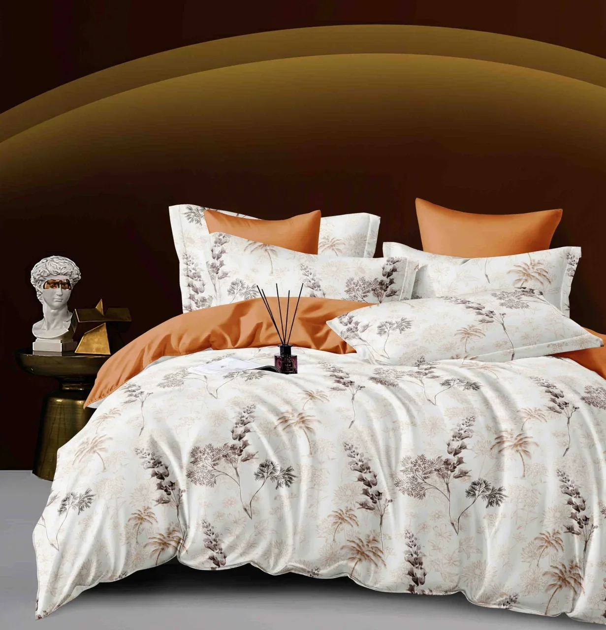 Set Lenjerie de Pat Dublu Finet, 6 Piese – Imprimeu Floral, Cearceaf Pilotă, Cearceaf Pat și Fețe de Pernă, Tonuri Elegante de Arămiu — imagine 3