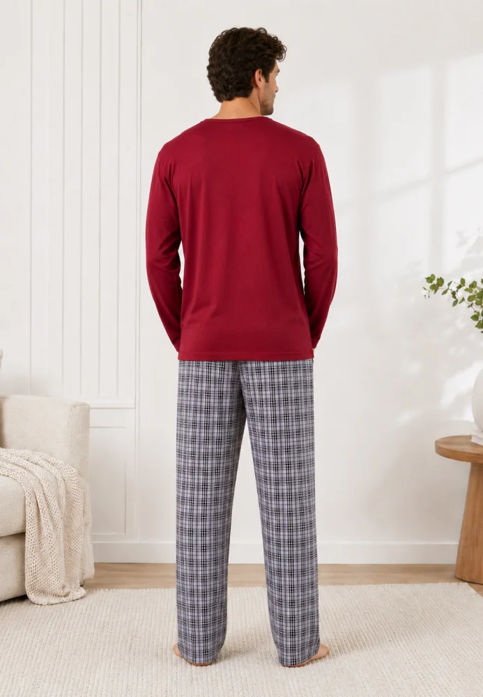 Pijama bărbați, Bluză grena cu imprimeu "California" și mânecă lungă, Pantalon lung în carouri gri — imagine 2