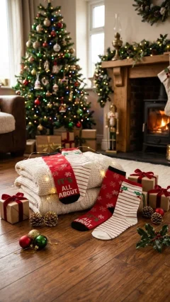 Set 2 Perechi Șosete de Damă Crăciun, Roșii cu Fulgi și Albe cu Dungi Festive