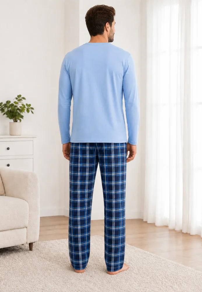 Pijama Bărbați cu Mânecă Lungă, Bluză Imprimeu „Good Vibes Only” și Pantalon în Carouri, Albastru Deschis / Bleumarin — imagine 2