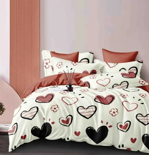 Set Lenjerie de Pat Dublu Finet, 6 Piese – Cearceaf Pilotă, Cearceaf Pat și Fețe de Pernă, Model Romantic cu Inimioare — imagine 2