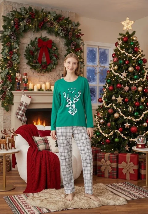 Pijama Dama Craciun Verde Maneca Lunga Pantalon Lungi Ren — imagine 1