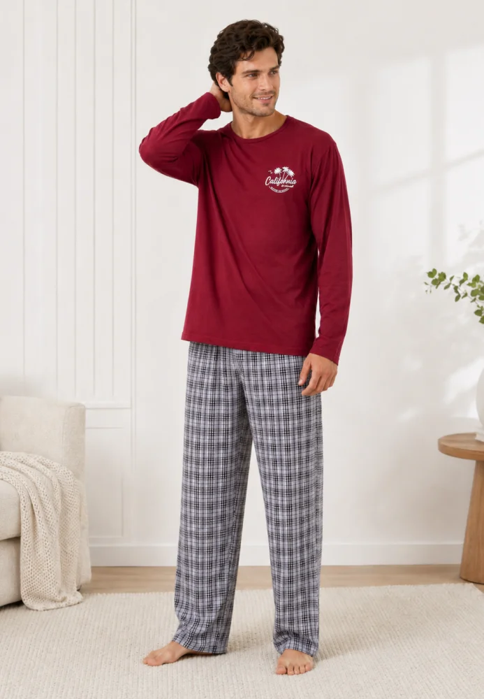 Pijama bărbați, Bluză grena cu imprimeu "California" și mânecă lungă, Pantalon lung în carouri gri