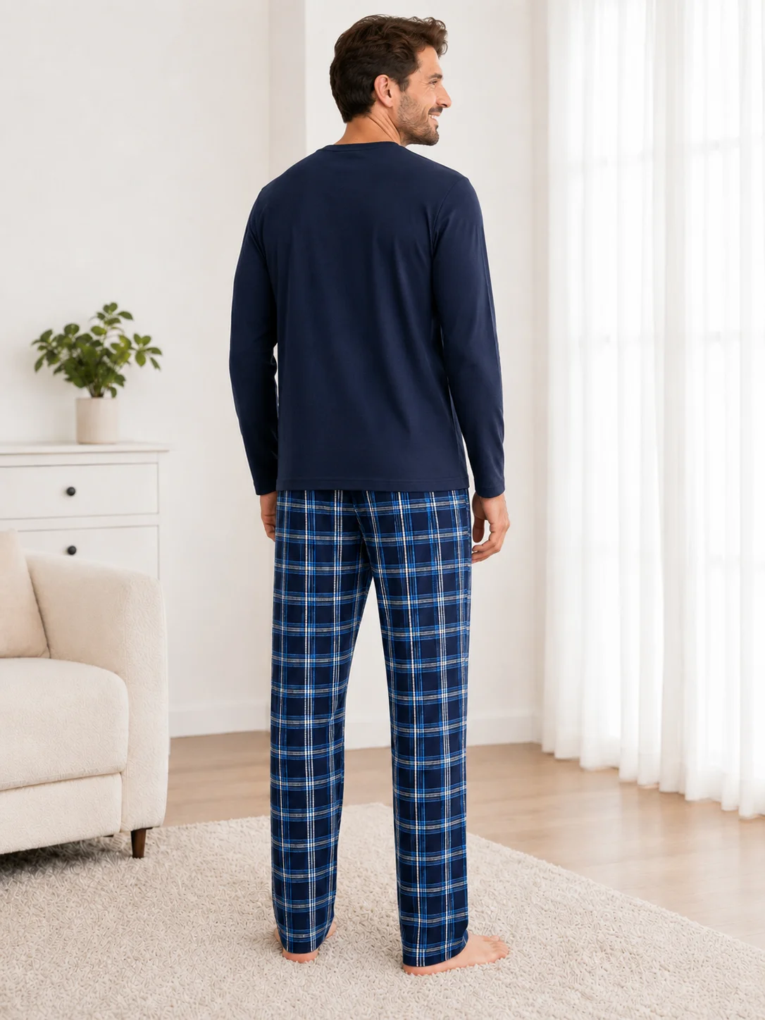 Pijama Bărbați cu Mânecă Lungă, Bluză Imprimeu „Good Vibes Only” și Pantalon în Carouri, Albastru / Bleumarin