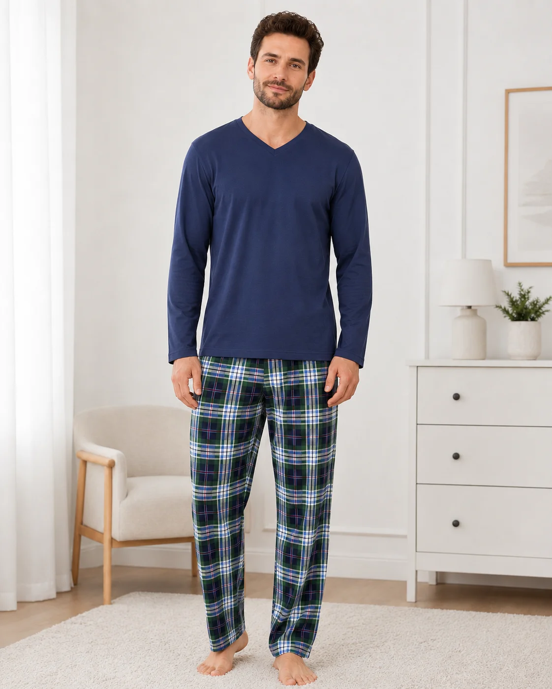 Pijama bărbați, Bluză cu gât în V și mânecă lungă, Pantalon lung în carouri,bluemarin — imagine 1