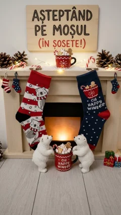 Set 2/ Șosete Festive de Iarnă cu Motiv de Crăciun (Urs Polar & „Oh Happy Winter”)