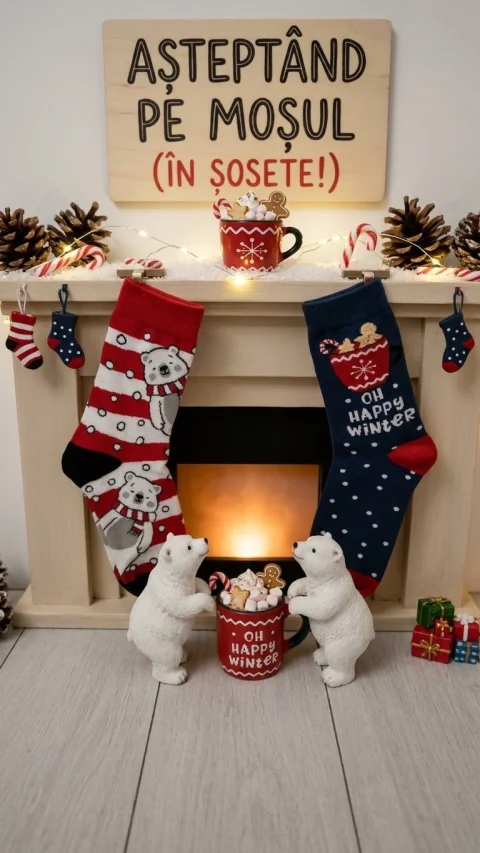 Set 2/ Șosete Festive de Iarnă cu Motiv de Crăciun (Urs Polar & „Oh Happy Winter”)