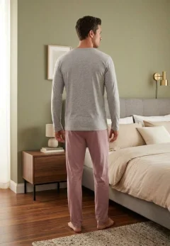 Pijama barbati bluza maneca lunga si pantaloni lungi, gri/nud