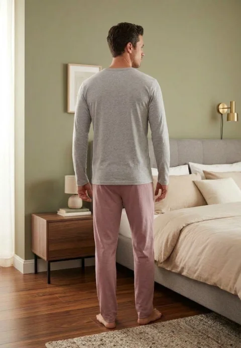 Pijama barbati bluza maneca lunga si pantaloni lungi, gri/nud — imagine 2
