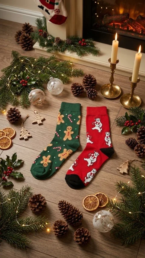 Set 2/ Șosete Festive de Iarnă cu Motiv de Crăciun (Turtă Dulce & Urs Polar)