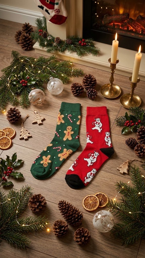 Set 2/ Șosete Festive de Iarnă cu Motiv de Crăciun (Turtă Dulce & Urs Polar)