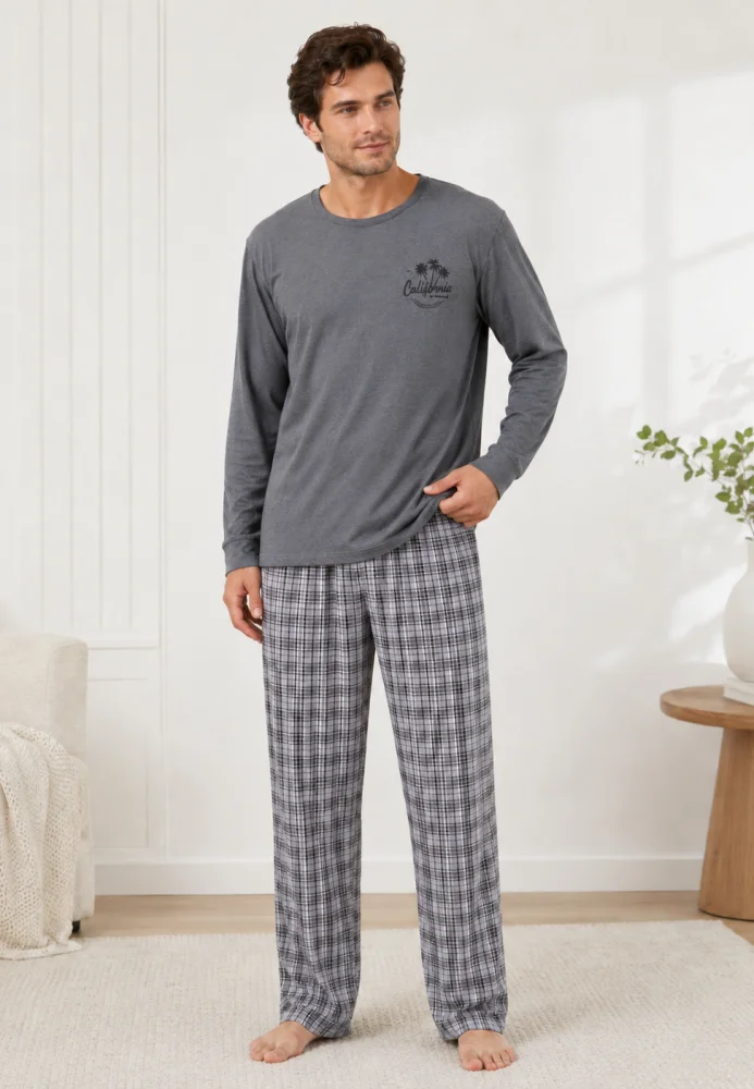 Pijama bărbați, Bluză gri cu imprimeu "California" și mânecă lungă, Pantalon lung în carouri gri
