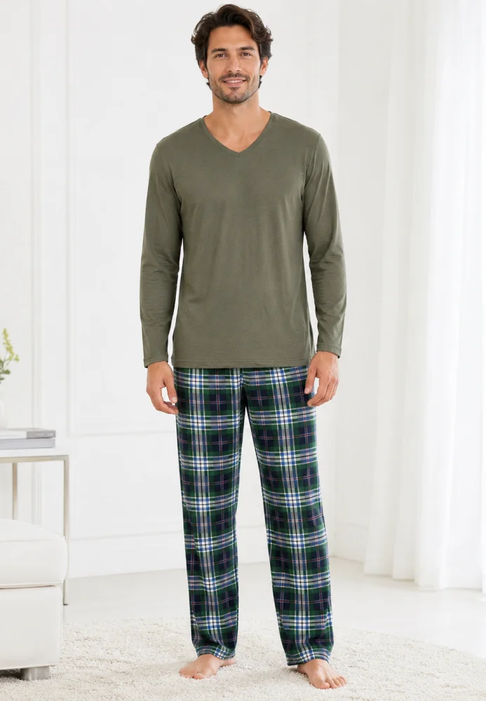 Pijama bărbați, Bluză verde oliv cu gât în V și mânecă lungă, Pantalon lung în carouri, Confortabilă — imagine 1
