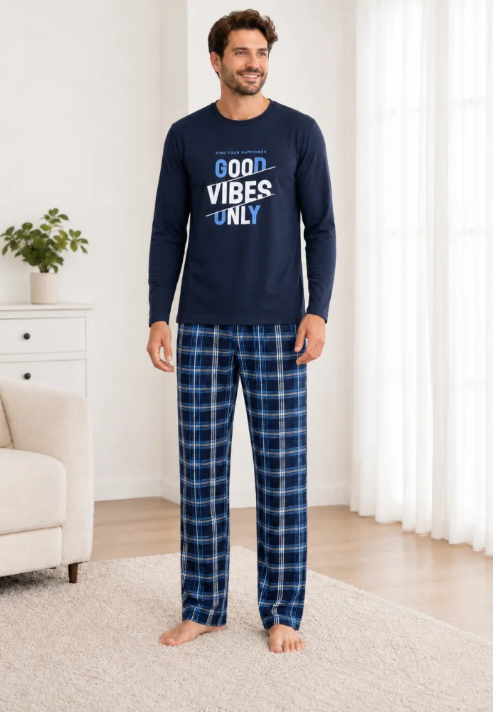 Pijama Bărbați cu Mânecă Lungă, Bluză Imprimeu „Good Vibes Only” și Pantalon în Carouri, Albastru / Bleumarin — imagine 3