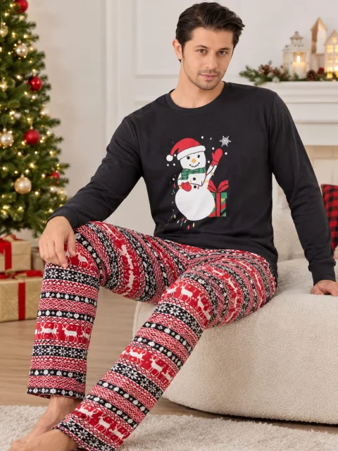 Pijama Bărbați de Crăciun, Neagră cu Om de Zăpadă și Pantaloni Festivi — imagine 1