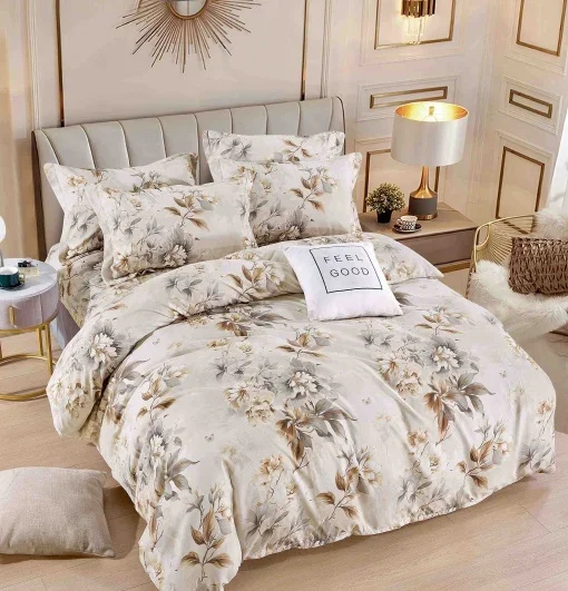 Set Lenjerie de Pat Dublu Finet, 6 Piese – Cearceaf Pilotă, Cearceaf Pat și Fețe de Pernă, Model Floral în Tonuri de Bej și Crem — imagine 1