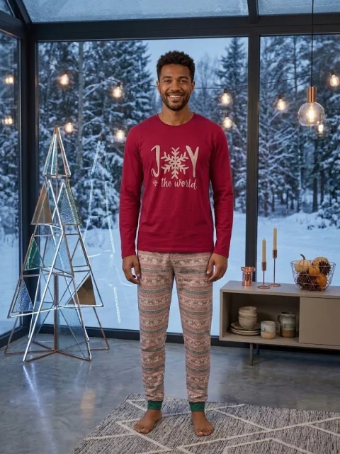 Pijama bărbați de Crăciun din bumbac,bluză cu mânecă lungă și pantaloni lungi, motiv festiv Joy to the World — imagine 1