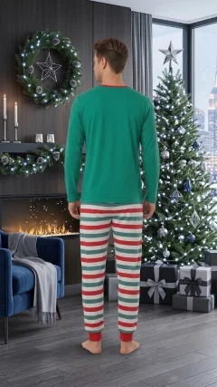 Pijama Bărbați de Crăciun, Bluză Verde și Pantaloni în Dungi