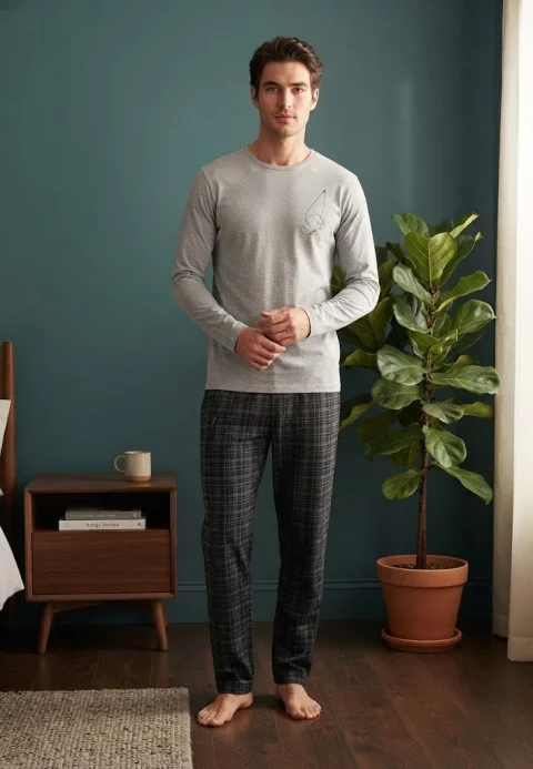 Pijama pentru bărbați, Bluză mânecă lungă cu imprimeu minimalist și Pantalon lung în carouri — imagine 1