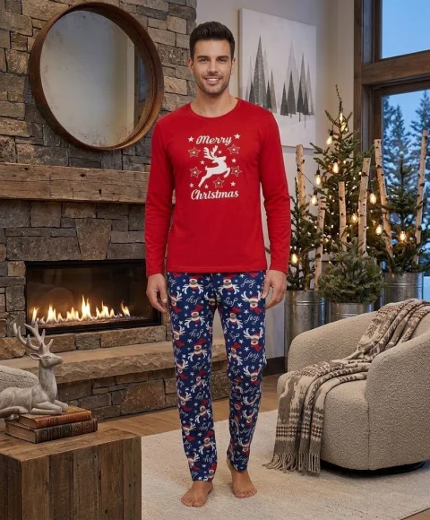Pijama bărbat roșie de Crăciun cu mesaj Merry Christmas — imagine 1