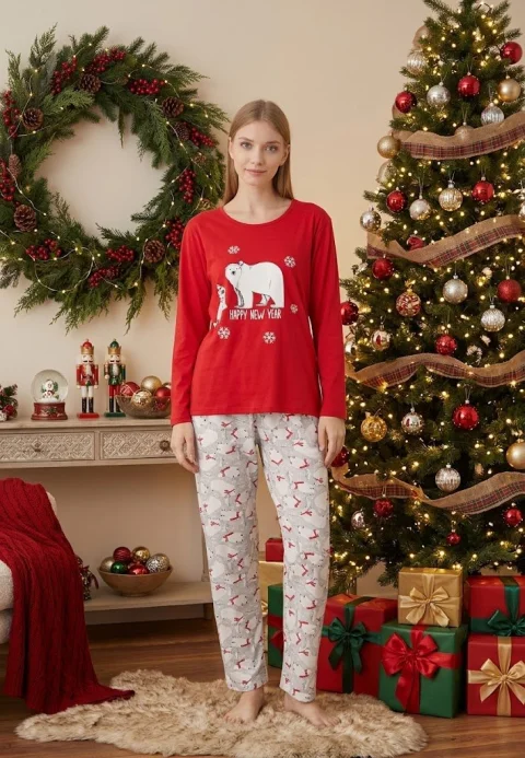 Pijama Rosu Happy New Year Craciun Dama Maneca Lunga Pantalon Lungi — imagine 1