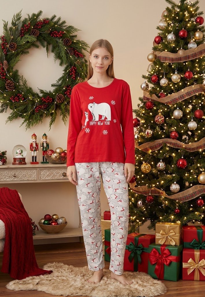Pijama Rosu Happy New Year Craciun Dama Maneca Lunga Pantalon Lungi