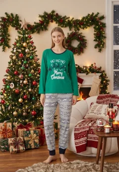 Pijama Dama Craciun Verde Maneca Lunga Pantalon Lungi Ho Ho Ho