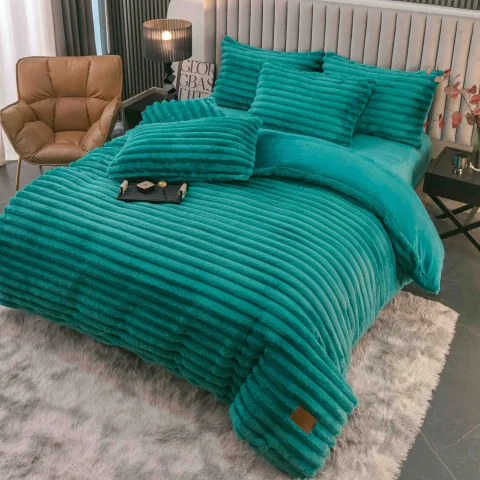 Lenjerie de Pat Cocolino cu Blăniță tip Iepuraș, turcuaz – 4 Piese, Cu Elastic, Ultra-Pufoasă — imagine 1
