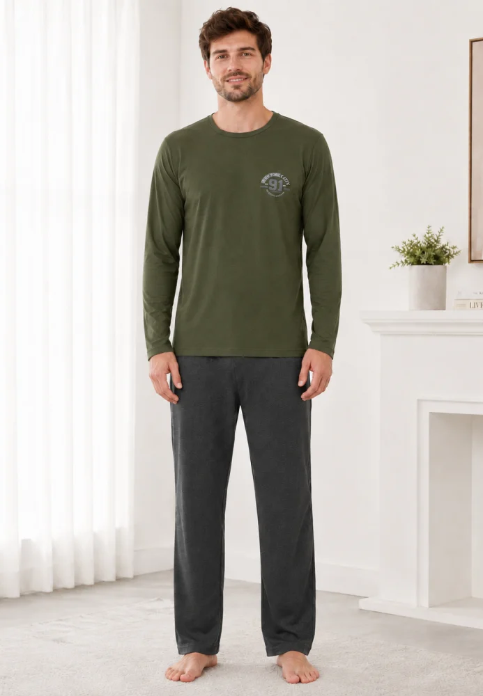 Pijama Bărbați cu Mânecă Lungă, Bluză Verde Militar cu Imprimeu și Pantalon Lung — imagine 3