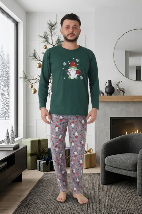 Pijama bărbat verde de Crăciun cu modele tematice — imagine 1