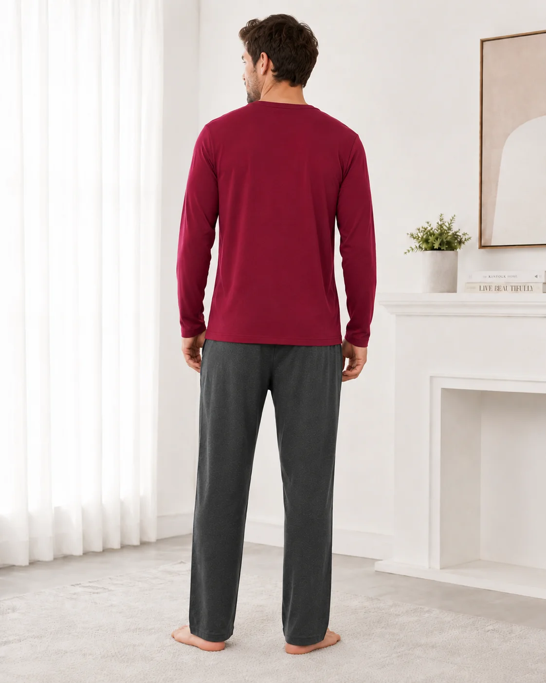 Pijama Bărbați cu Mânecă Lungă, Bluză Vișinie cu Imprimeu și Pantalon Lung Gri, Imbracaminte de Casa — imagine 2