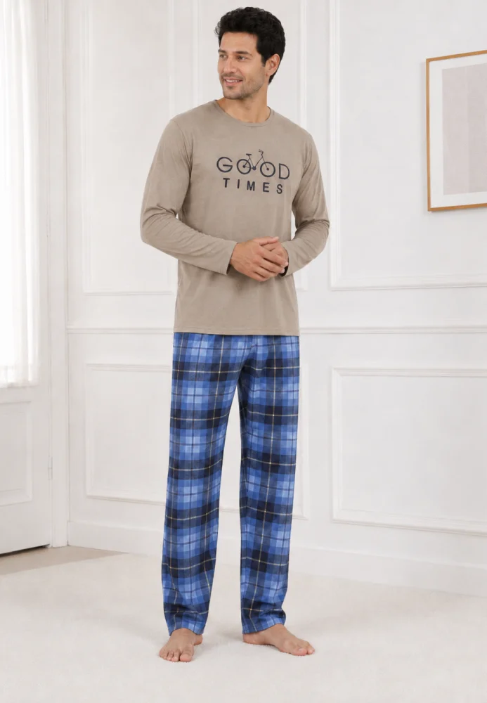 Pijama bărbați, Bluză bej cu mânecă lungă și imprimeu "Good Times", Pantalon lung în carouri albastru/bleumarin