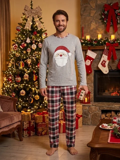 Pijama Bărbați de Crăciun din Bumbac – Imprimeu Moș Crăciun și Pantaloni în Carouri,gri — imagine 1