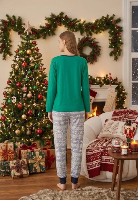 Pijama Dama Craciun Verde Maneca Lunga Pantalon Lungi Ho Ho Ho — imagine 2