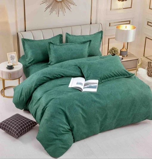 Set Lenjerie de Pat Dublu 6 Piese, Microfibră Premium – Model Paisley Elegant, Verde Smarald, Cearceaf Pilotă, Cearceaf Pat și Fețe de Pernă