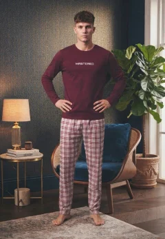 Pijama pentru bărbați, Bluză mânecă lungă cu imprimeu „MASTERED” și Pantalon lung în carouri