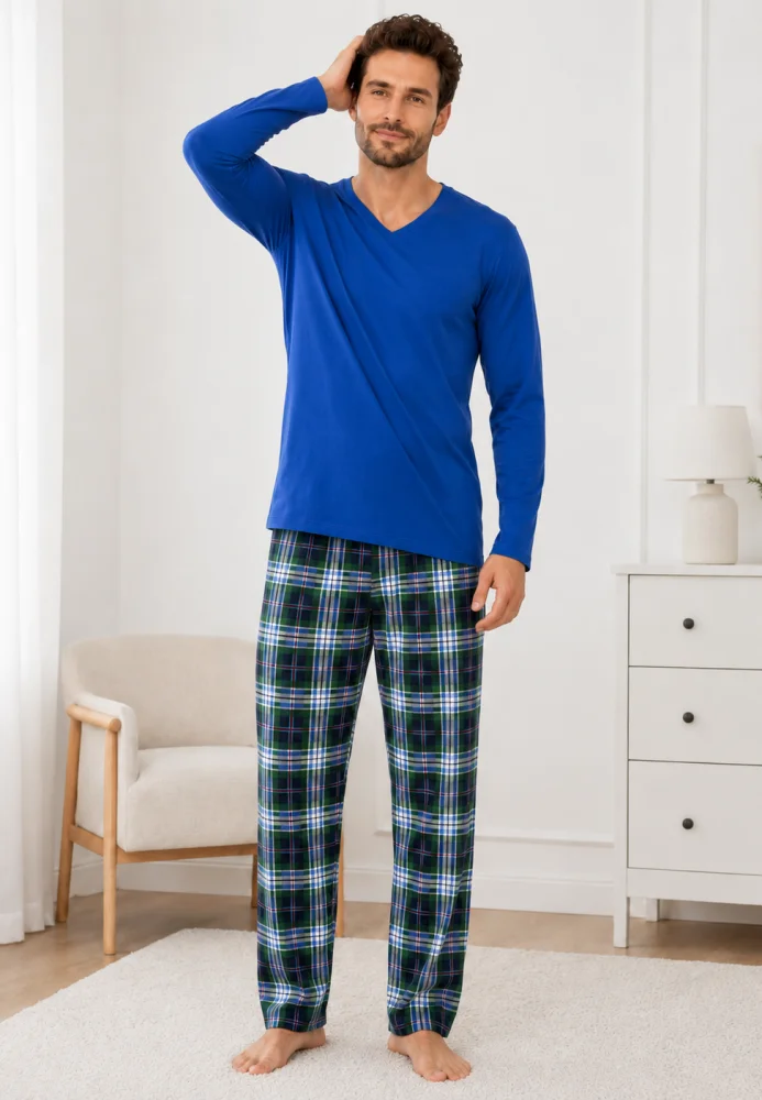 Pijama bărbați, Bluză cu gât în V și mânecă lungă, Pantalon lung în carouri,Albastru — imagine 3