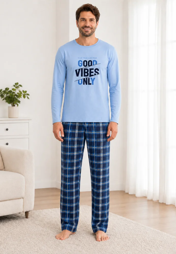 Pijama Bărbați cu Mânecă Lungă, Bluză Imprimeu „Good Vibes Only” și Pantalon în Carouri, Albastru Deschis / Bleumarin — imagine 1
