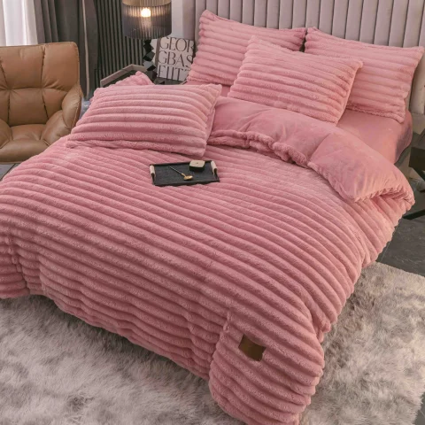 Lenjerie de Pat Deluxe, 4 Piese, Blăniță Shorthair și Cocolino, Cearșaf cu Elastic, Roz — imagine 4