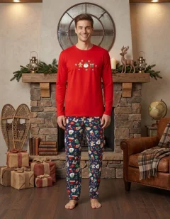 Pijama barbat Crăciun clasic roșu cu om de zăpadă, pijama completă cu mânecă lungă și pantaloni lungi