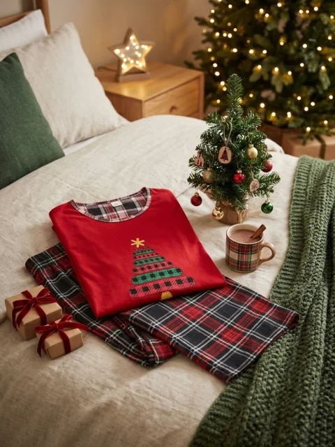 Pijama Dama Festiva de Craciun – Bluza Rosie cu Imprimeu Bradut si Pantaloni Carouri Red&Black — imagine 2